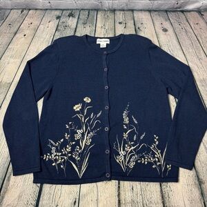 Alfred Dunner Navy Cardigan Cream Floral Embroidery Cotton Rayon Blend Sz Large